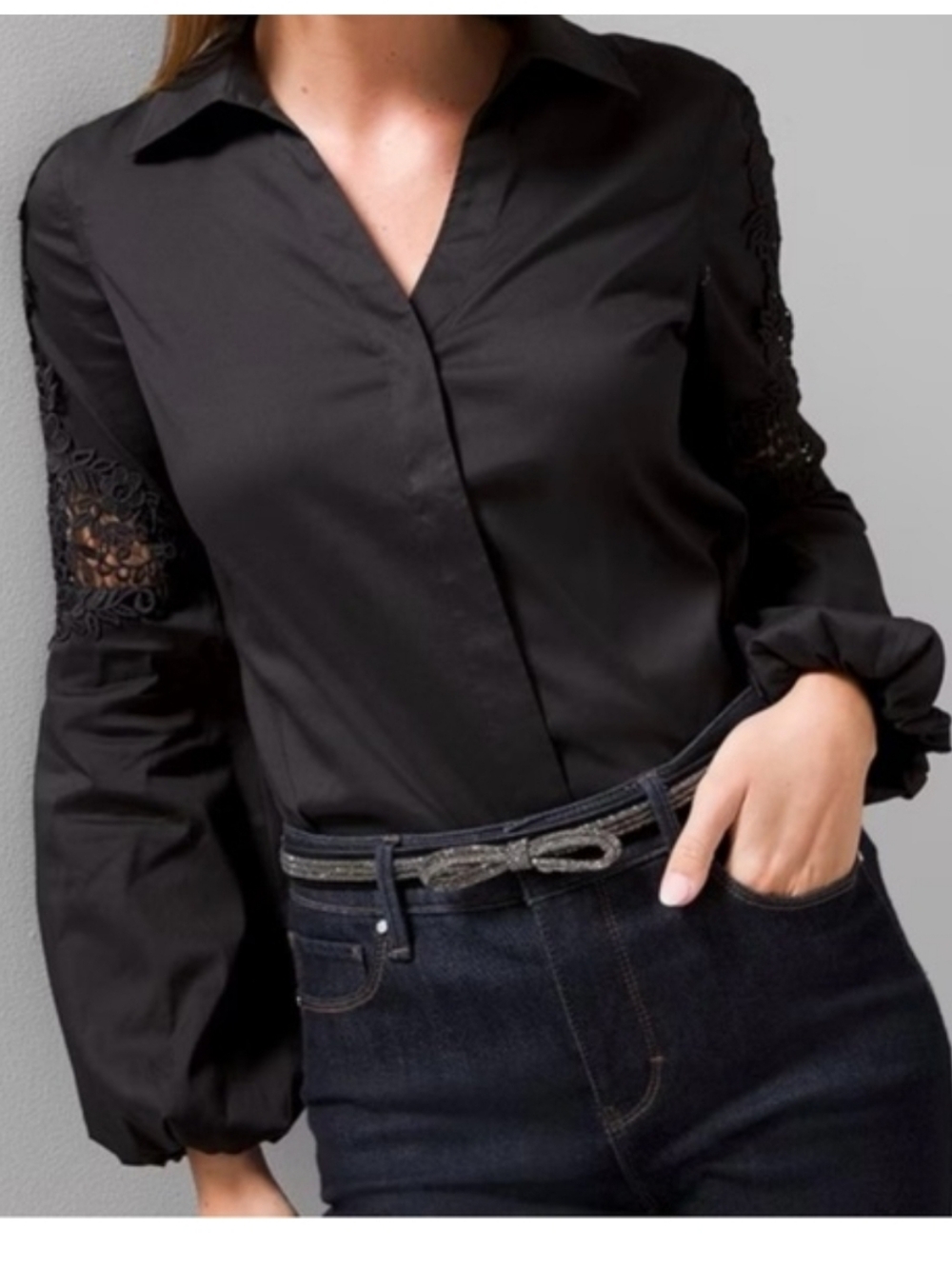 White House Black Market Black Lace-Paneled Poplin Blouse
